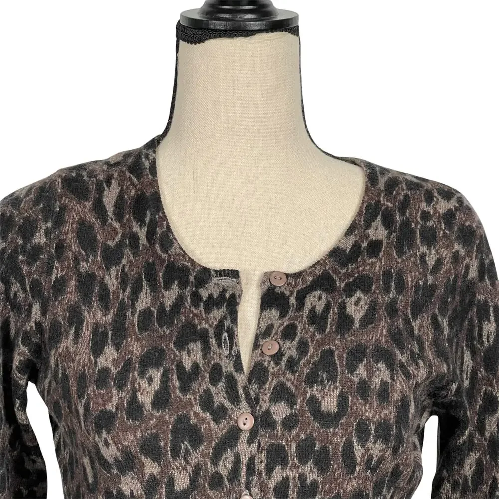 C by Bloomingdale's 2-Ply Cashmere Leopard Print Cardigan Size Small